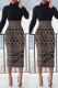 Black Casual Print Patchwork Slit Turtleneck Long Sleeve Dresses