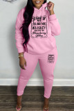 Red Casual Letter Print Basic Hooded Collar Long Sleeve Two Pieces