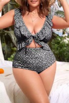 Black Sexy Print Hollowed Out Frenulum Backless V Neck Plus Size Swimwear (With Paddings)