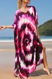 Red Casual Print Patchwork Slit V Neck Beach Dress Dresses