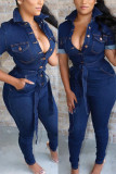 Dark Blue Casual Fashion Button Short Sleeve Turndown Collar Jumpsuits