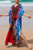 Red Casual Print Patchwork Slit V Neck Beach Dress Dresses