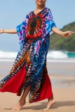 Red Casual Print Patchwork Slit V Neck Beach Dress Dresses