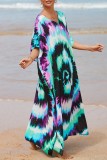 Red Casual Print Patchwork Slit V Neck Beach Dress Dresses