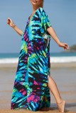 Red Casual Print Patchwork Slit V Neck Beach Dress Dresses
