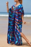 Red Casual Print Patchwork Slit V Neck Beach Dress Dresses