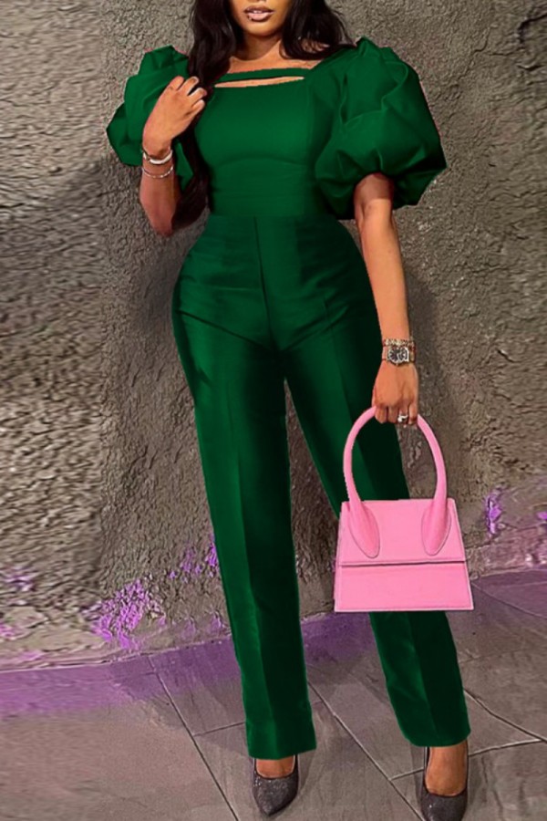 Green Casual Solid Hollowed Out Patchwork Square Collar Regular Jumpsuits
