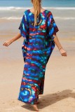 Red Casual Print Patchwork Slit V Neck Beach Dress Dresses