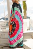 Red Casual Print Patchwork Slit V Neck Beach Dress Dresses