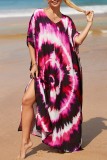 Red Casual Print Patchwork Slit V Neck Beach Dress Dresses