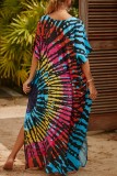 Red Casual Print Patchwork Slit V Neck Beach Dress Dresses