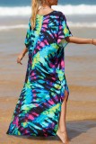 Red Casual Print Patchwork Slit V Neck Beach Dress Dresses
