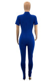 Blue Sexy Print O Neck Regular Jumpsuits