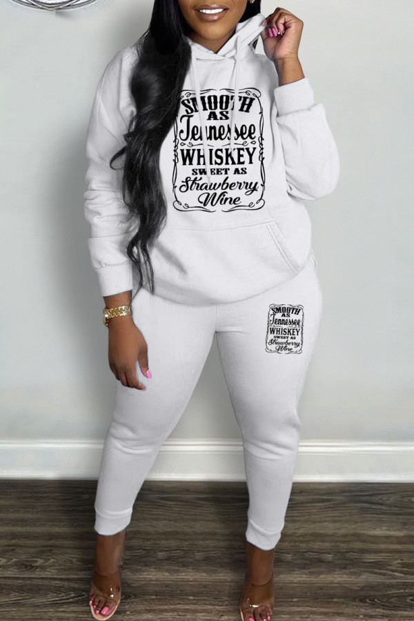 White Casual Letter Print Basic Hooded Collar Long Sleeve Two Pieces