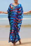Red Casual Print Patchwork Slit V Neck Beach Dress Dresses