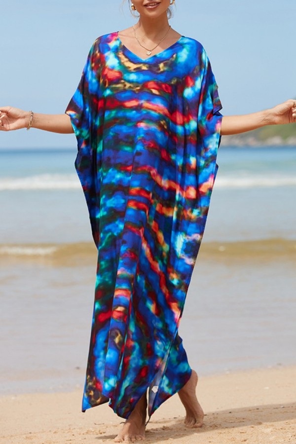 Blue Red Casual Print Patchwork Slit V Neck Beach Dress Dresses