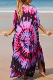 Red Casual Print Patchwork Slit V Neck Beach Dress Dresses