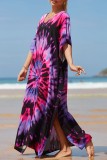 Red Casual Print Patchwork Slit V Neck Beach Dress Dresses