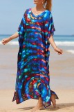Red Casual Print Patchwork Slit V Neck Beach Dress Dresses