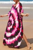 Red Casual Print Patchwork Slit V Neck Beach Dress Dresses