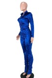 Deep Blue Casual Solid Fold Zipper Collar Long Sleeve Two Pieces