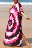 Red Casual Print Patchwork Slit V Neck Beach Dress Dresses