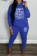 Blue Casual Letter Print Basic Hooded Collar Long Sleeve Two Pieces