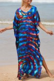 Red Casual Print Patchwork Slit V Neck Beach Dress Dresses
