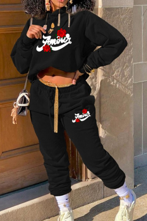 Black Casual Print Patchwork Hooded Collar Long Sleeve Two Pieces