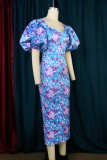 Blue Casual Print Patchwork V Neck One Step Skirt Dresses