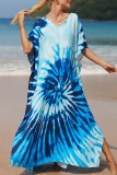 Red Casual Print Patchwork Slit V Neck Beach Dress Dresses