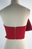 Rose Red Sexy Casual Solid Patchwork Backless With Bow Strapless Sleeveless Two Pieces