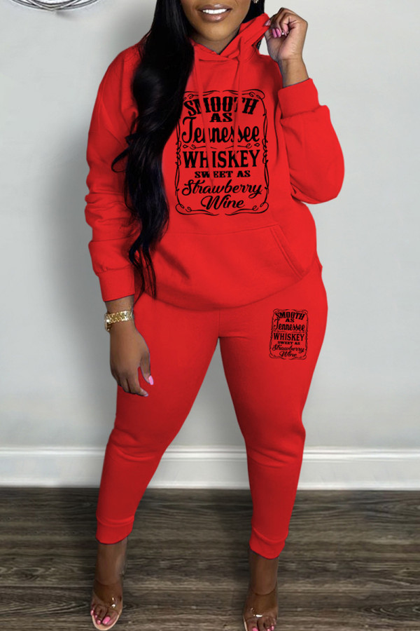 Red Casual Letter Print Basic Hooded Collar Long Sleeve Two Pieces