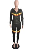 Green Casual Striped Patchwork Contrast Hooded Collar Long Sleeve Two Pieces