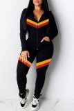 Green Casual Striped Patchwork Contrast Hooded Collar Long Sleeve Two Pieces