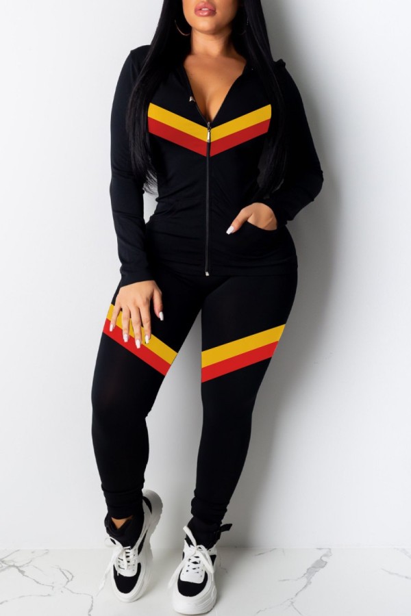 Black Casual Striped Patchwork Contrast Hooded Collar Long Sleeve Two Pieces