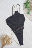 Black Sexy Solid Patchwork Chains Backless Swimwears