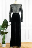 Blue Sexy Solid Patchwork See-through Hot Drill O Neck Straight Jumpsuits