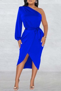 Blue Casual Solid Patchwork Backless Oblique Collar Irregular Dress Dresses