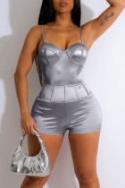 Silver Sexy Solid Patchwork Spaghetti Strap Skinny Rompers