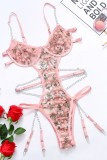 Pink Sexy Embroidery Hollowed Out Patchwork See-through Backless Lingerie