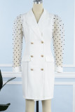 White Elegant Print Polka Dot Patchwork Buttons Turn-back Collar Straight Dresses