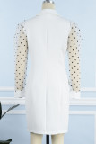 White Elegant Print Polka Dot Patchwork Buttons Turn-back Collar Straight Dresses