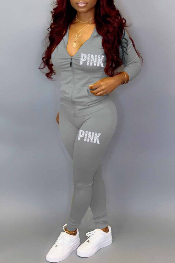 Grey Casual Print Letter Hooded Collar Long Sleeve Two Pieces
