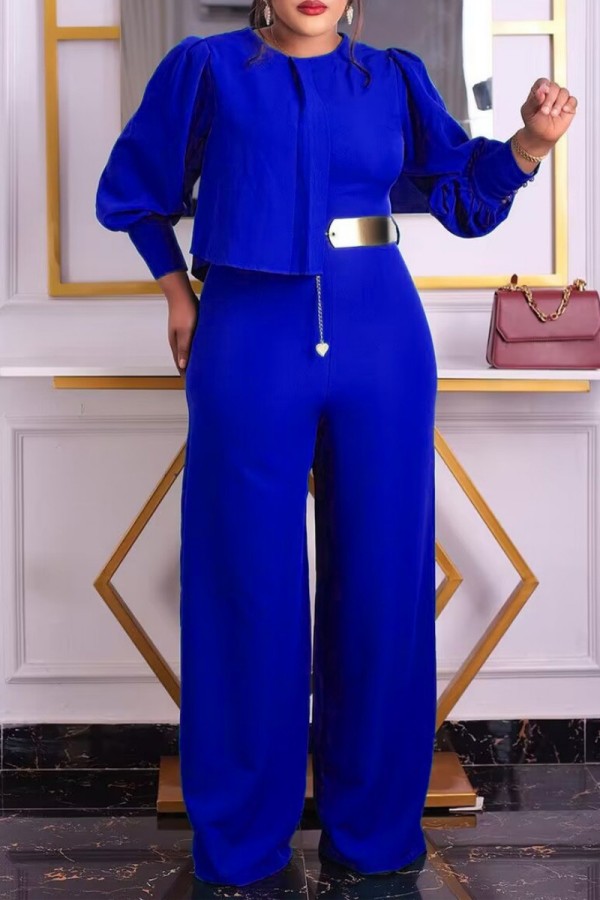 Royal Blue Casual Solid Patchwork O Neck Regular Jumpsuits