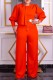Tangerine Red Casual Solid Patchwork O Neck Regular Jumpsuits