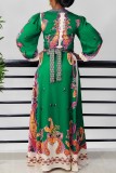 Red Casual Print Patchwork Slit V Neck Long Sleeve Dresses