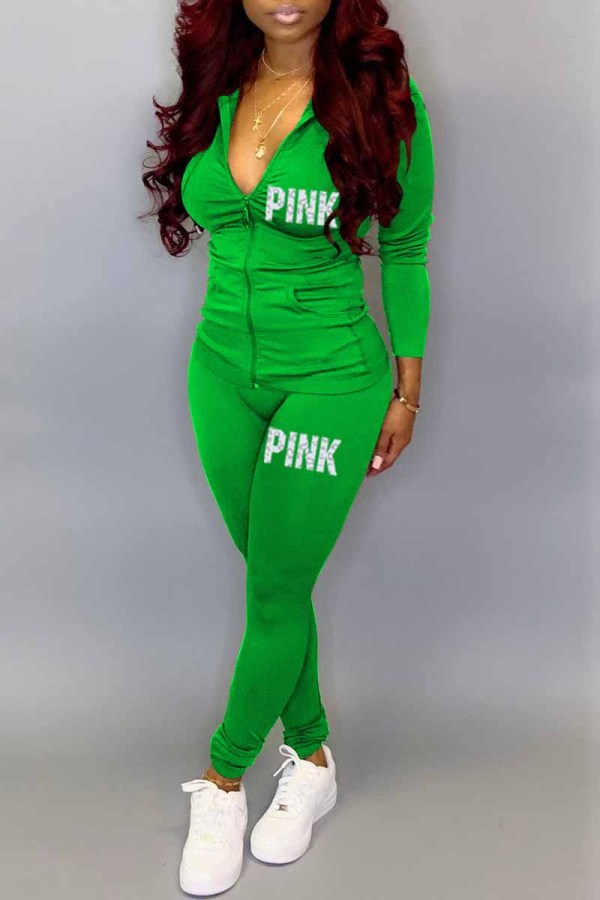 Green Casual Print Letter Hooded Collar Long Sleeve Two Pieces