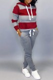 Rose Red Casual Striped Patchwork Contrast Hooded Collar Plus Size Two Pieces