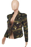 Army Green Casual Print Patchwork Buttons Turn-back Collar Outerwear
